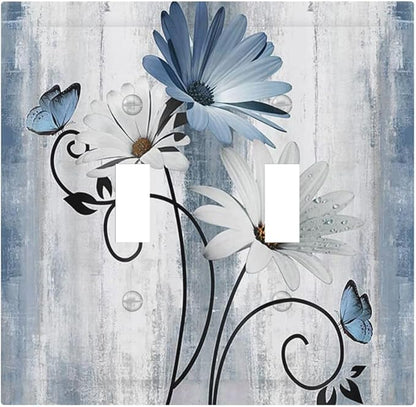 Decorative Light Switch Cover Plate Rustic Blue White Daisy Ink Flower 2 Gang Outlet Covers Double Toggle Wall Plates for Electrical Outlets Switch Plate Covers for Bedroom Home Decor