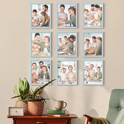 Renditions Gallery Set of 9, 8X10 Custom Photo Prints with Real Wood Picture Frames. Create Personalized Photos with Peel & Stick Photo Frames. Blue Frame