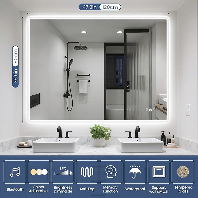 STARLEAD 48"x36" LED-Bathroom-Mirror-with-Lights, Wall-Mounted with Bluetooth Speaker, Anti-Fog, 3 Color Temperature, Dimmable Brightness, Waterproof, Tempered Glass, Frontlit & Backlit