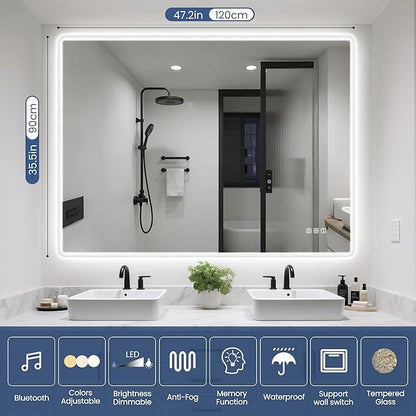 STARLEAD 48"x36" LED-Bathroom-Mirror-with-Lights, Wall-Mounted with Bluetooth Speaker, Anti-Fog, 3 Color Temperature, Dimmable Brightness, Waterproof, Tempered Glass, Frontlit & Backlit