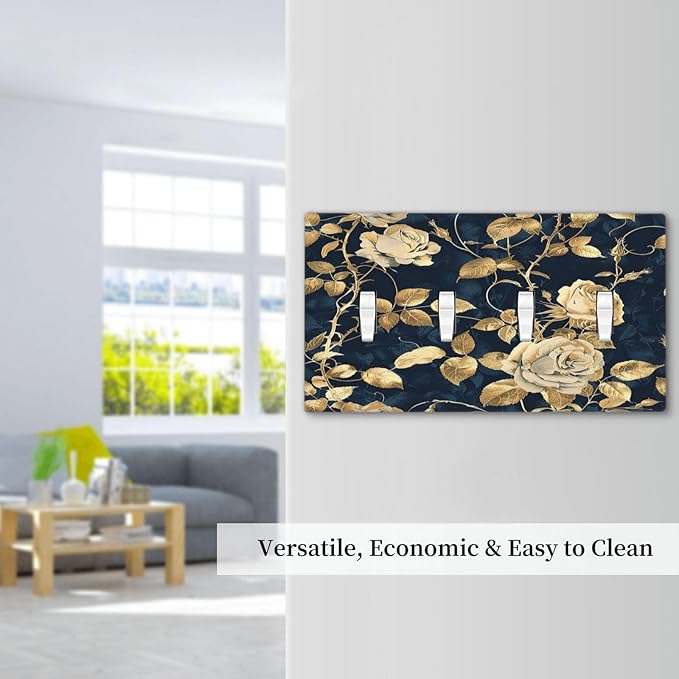 Light Switch Covers Boho Vintage Floral Golden Flower Dark Blue Background Quad Toggle Electrical Faceplate 4 Gang Wall Plate Decorative Switch Plates for Bedroom living Room Decor