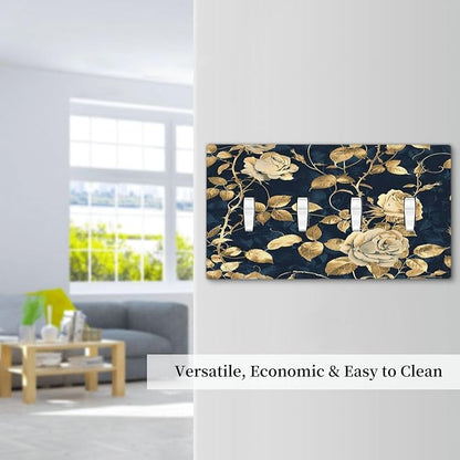 Light Switch Covers Boho Vintage Floral Golden Flower Dark Blue Background Quad Toggle Electrical Faceplate 4 Gang Wall Plate Decorative Switch Plates for Bedroom living Room Decor