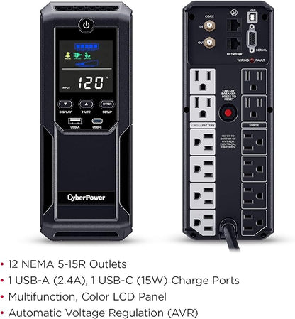 CyberPower CP1350AVRLCD3 Intelligent LCD UPS System, 1350VA/815W, 12 Outlets, 2 USB Ports, AVR, Mini Tower, Black
