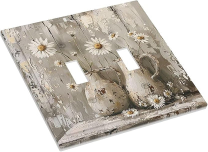 Decorative Switch Plates Vintage Rustic Floral White Daisy Flower Oil Painting Style 2 Gang Double Toggle Outlet Light Switch Cover Wall Plate Electrical Faceplate for Home Farmhouse Decor