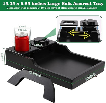 Couch Cup Holder Tray, 15.4"x9.9" Large 4 in 1 Couch Arm Tray with 360°Rotated Phone Holder, Non-Slip Clip on Side Table for Drinks/Remote/Snacks, Ideal Gift for Husband, Wife, Parents