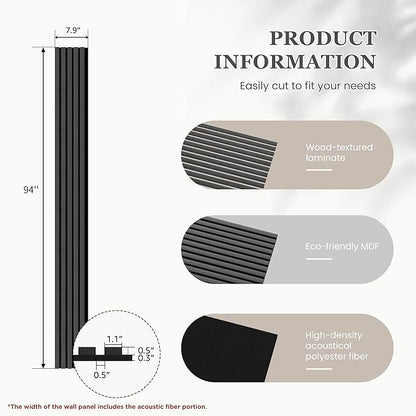 Wood Salt Acoustic Wall Panels, 6 Piece 94" x 7.9" x 0.8" Soundproof Wooden Wall Panels, 3D Fluted Sound Absorbing Panel, Dark Gray