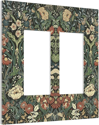 Decorative Outlet Covers Vintage Dark Floral William Morris Green Flower 2 Gang Double GFCI Rocker Electrical Wall Panels Light Switch Cover Plate for living Room Home Decor