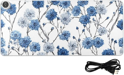 Heated Desk Pad Mouse Pad 31.5x13 Inch PU Leather Desk Mat with 3 Heat Levels Large Mouse Gaming Computer Laptop Mat Washable Chinese Style Cornflower