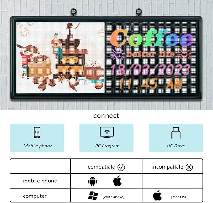 P6 Outdoor LED Business Sign 40"x18" - WiFi Programmable Scrolling Message Board with High Brightness, IP65 Waterproof Commercial Display for Store Front, Supports Text, Image, Video