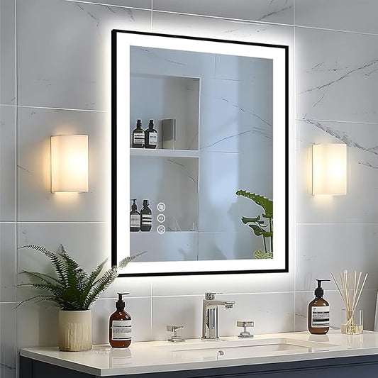 28x32 LED Bathroom Mirror - Black Aluminum Framed,Front and Backlit,Anti-Fog Framed Bathroom Vanity Mirror,3 Color Stepless Dimmable Lighted Smart Mirror(Horizontal/Vertical)