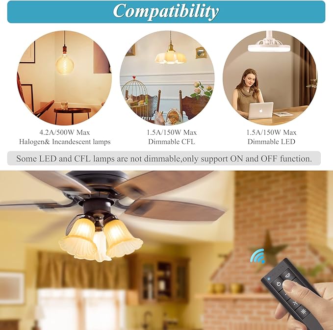 Universal Smart WiFi Ceiling Fan Remote Control Kit, Ceiling Fan Control and Dimmer Light Switch, Compatible with Alexa, Google Assistant and Smart Life App, 3 Speed, Timing, Remote Control