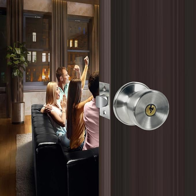 JO.KO Door Knob with Lock and Key, Round Ball Lock Interior/Exterior Door Knob for Bedroom Or Bathroom/Entry Door Handle (Stainless 2Pack)