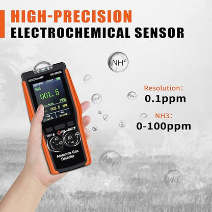 Ammonia Gas Detector Air Quality Monitor Rechargeable NH3 Detector with Range 0-100ppm & 0.1ppm Resolution, Temp(℉/℃), Humidity, LCD Display, Alarm Mode for Industry, Home, Farm, Poultry