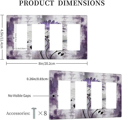 Purple Daisy White Floral Butterfly Flowers 4 Gang Wall Plates Outlet Covers Quad Rocker Light Switch Cover Plate Decorative Switch Plates GFCI Electrical Faceplate for Bathroom Bedroom 4.5 X 8 IN