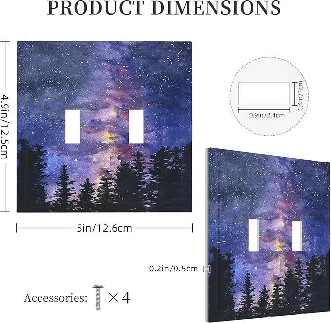 Decorative Switch Plates Dream Milky Way Starry Forest Pine Watercolor Painting 2 Gang Double Toggle Wall Plate Outlet Light Switch Cover Electrical Faceplate for Bedroom Home Decor