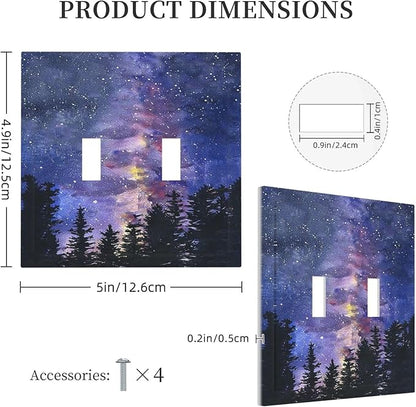 Decorative Switch Plates Dream Milky Way Starry Forest Pine Watercolor Painting 2 Gang Double Toggle Wall Plate Outlet Light Switch Cover Electrical Faceplate for Bedroom Home Decor