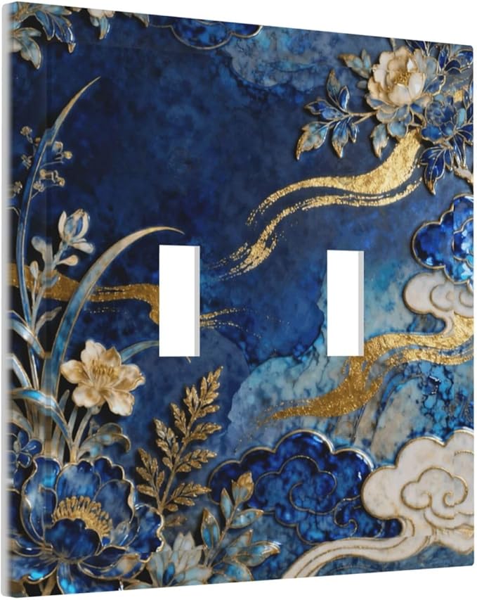 Decorative Light Switch Cover Plate Blue White Flower Gold Line Cloud 2 Gang Outlet Covers Double Toggle Wall Plates for Electrical Outlets Switch Plate Covers Faceplate for Home Decor