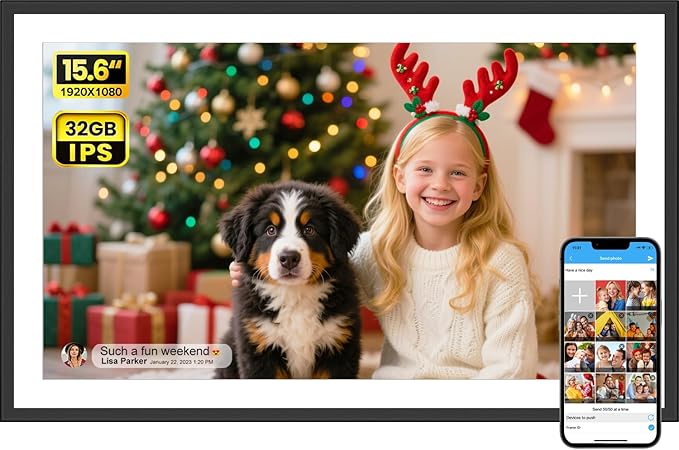 SSAWIFIFRAME Digital Picture Frame 15.6 inch Large 32GB WiFi Digital Photo Frame, Easy to Share Photos and Videos via Free App, IPS Touch Screen, Auto-Rotate, Send 50 Photos one time no Limit