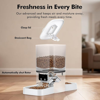 Automatic Cat Feeder for 2 Cats, 6L Automatic Cat Food Dispenser with 2 Stainless Steel Bowls, Timed Dry Food Dispenser with APP Control for Cats and Dogs, Dual Power Supply, 10s Voice Recorder