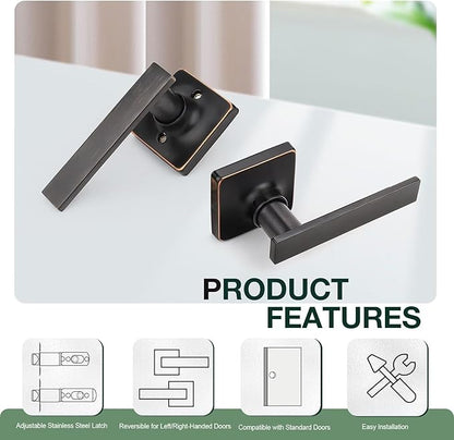 GOBEKOR 3 Pack Oil Rubbed Bronze Door Handle Passage Door Handles with Lock Bronze Keyless Passage Door Levers Interior Lever Door Handle for Closets Square Door Knobs