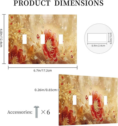 Decorative Light Switch Cover Plate Golden Leaf Red Peony Flowers Floral 3 Gang Wall Plate Oversized Triple Toggle Switch Cover Plate Jumbo Faceplate for Bedroom Decor
