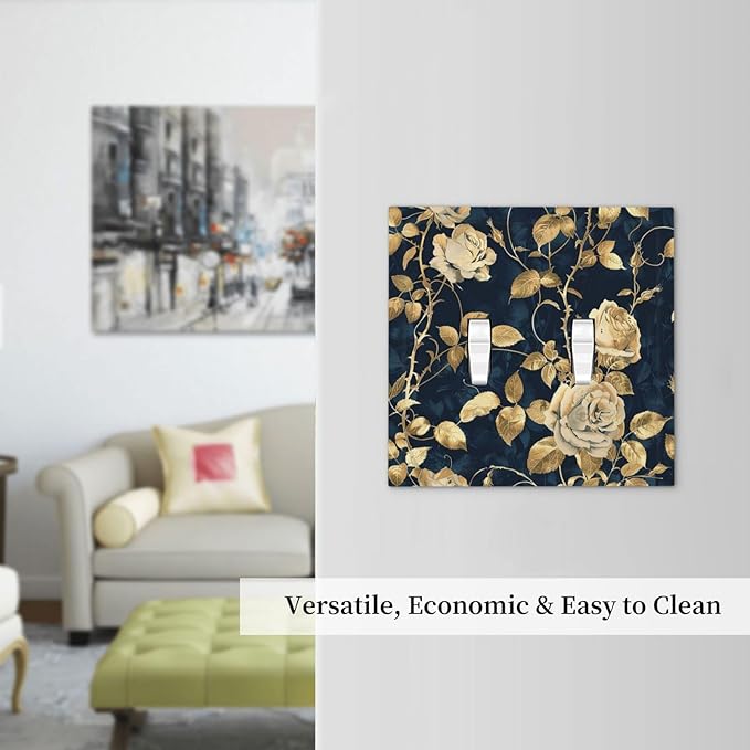 Decorative Switch Plates Boho Vintage Floral Golden Flower Dark Blue Background 2 Gang Double Toggle Outlet Light Switch Cover Wall Plate Electrical Faceplate for Bedroom living Room Decor