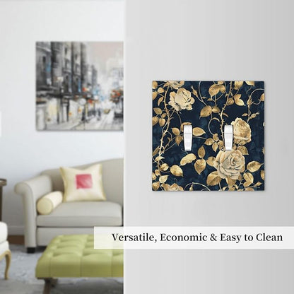 Decorative Switch Plates Boho Vintage Floral Golden Flower Dark Blue Background 2 Gang Double Toggle Outlet Light Switch Cover Wall Plate Electrical Faceplate for Bedroom living Room Decor