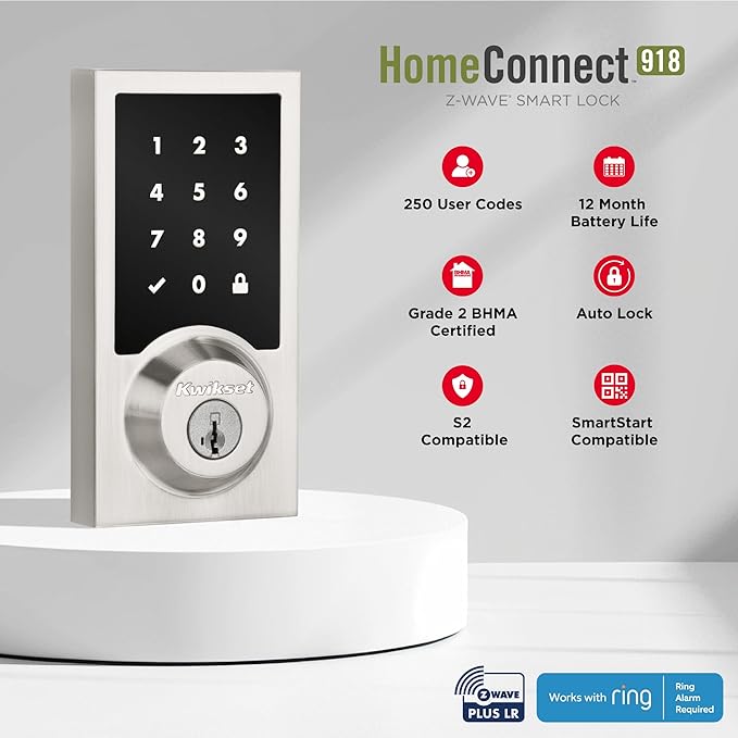 Kwikset HomeConnect 918 Contemporary Z-Wave Long Range Enabled Touchscreen Lock Works with Ring Alarm, Samsung SmartThings Hub Required, Sold Seperately in Satin Nickel