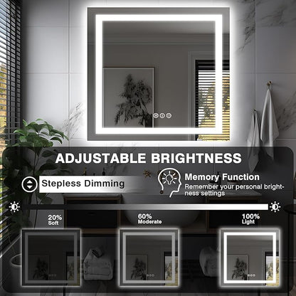 36"x36" Square LED Bathroom Mirror (Front and Backlit), Anti-Fog Vanity Mirror with Lights, Stepless 3 Colors Dimmable Smart Lighted Mirror(Horizontal/Vertical)