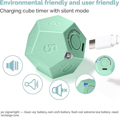 KADAMS Pomodoro Cube Timer Productivity-11 Preset Countdowns, Flip-to-Start Gravity Activation - Sound Vibrate Mute Rechargeable - Ideal for ADHD Kid Kitchen Classroom Cook Study Exercise - Green