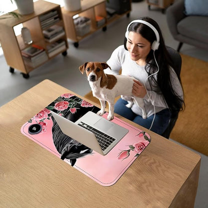 Heated Mouse Pad with 3 Temperature Settings(104°F–122°F),Large 24x14.2 Inch PU Leather Heated Desk Mat,Waterproof Warming Pad for Office,Gaming & Cold Hands Relief,Pink Rose Black Horse