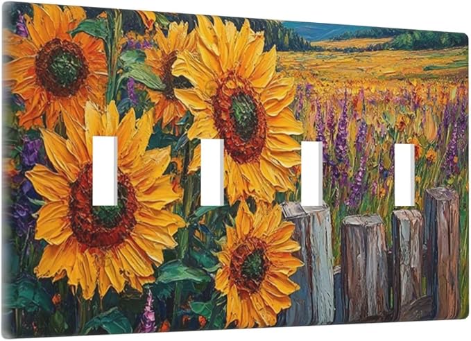 Decorative Light Switch Cover Plate Rustic Wilderness Sunflower Lavender Muzha Oil Painting 4 Gang Wall Plate Oversized Quad Toggle Switch Cover Plate Jumbo Faceplate