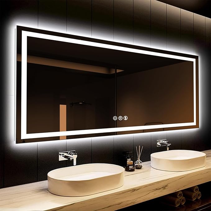 ROOMTEC 60 x 36 Inches LED Bathroom Mirror with Front and Backlit,Anti-Fog,3 Colors and Dimmable Light(Horizontal/Vertical), Silver
