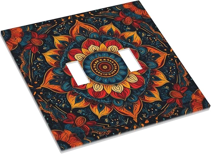 Boho Colorful Mandala 2 Gang Double Toggle Light Switch Cover Decorative Switchplate Electrical Wall Plates Faceplate for Bathroom Bedroom Decor 4.9 X 5 IN