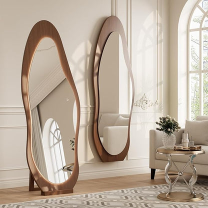 WoodsWhisper 69"x 24" Wavy Mirror Full Length,Lights Irregular led Full Length Mirror, Wavy Wall Mirrors,Shatter-Proof Hanging or Leaning Against Wall for Cloakroom/Bedroom/Living Room,Walnut
