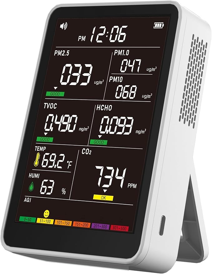 Professional Indoor Air Quality Monitor with AQI, Portable Real-Time Detector for Home Cars Plants and Pets (White)