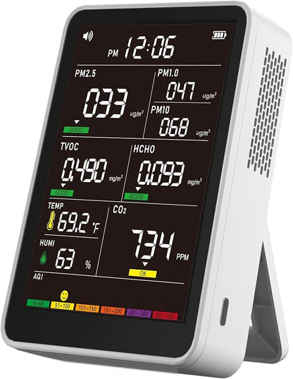 Professional Indoor Air Quality Monitor with AQI, Portable Real-Time Detector for Home Cars Plants and Pets (White)