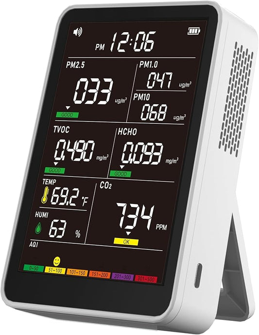 Professional Indoor Air Quality Monitor with AQI, Portable Real-Time Detector for Home Cars Plants and Pets (White)