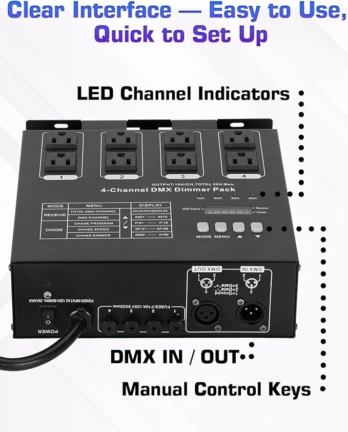 Dmx Dimmer Pack,4 Channel Dmx512 Dimmer Pack， Lighting Controller, Dimmer Pack Suitable for Stage Lighting Control