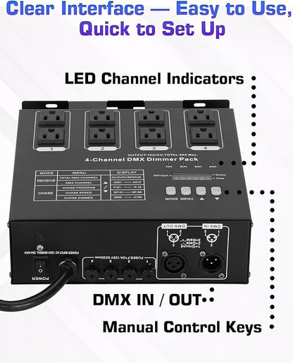 Dmx Dimmer Pack,4 Channel Dmx512 Dimmer Pack， Lighting Controller, Dimmer Pack Suitable for Stage Lighting Control