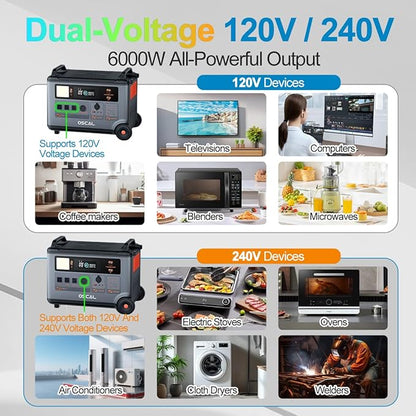 OSCAL 6000W Solar Generator with with Expansion Battery,120V/240V Dual Voltage Power Station,7.2kWh Capacity Lifepo4 Battery with 14 Outlets,2200W 1.96H Fast Charge,Promax6000 for Home Backup.