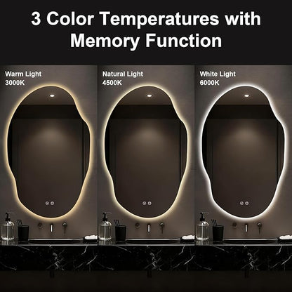 Asymmetrical Bathroom Mirror with Lights,Irregular LED Bathroom Vanity Mirror with Backlit,Anti-Fog,3 Colors and Dimmable Light with Memory,Hardwired Supported[Horizontal/Vertical] 48" H x 30" W