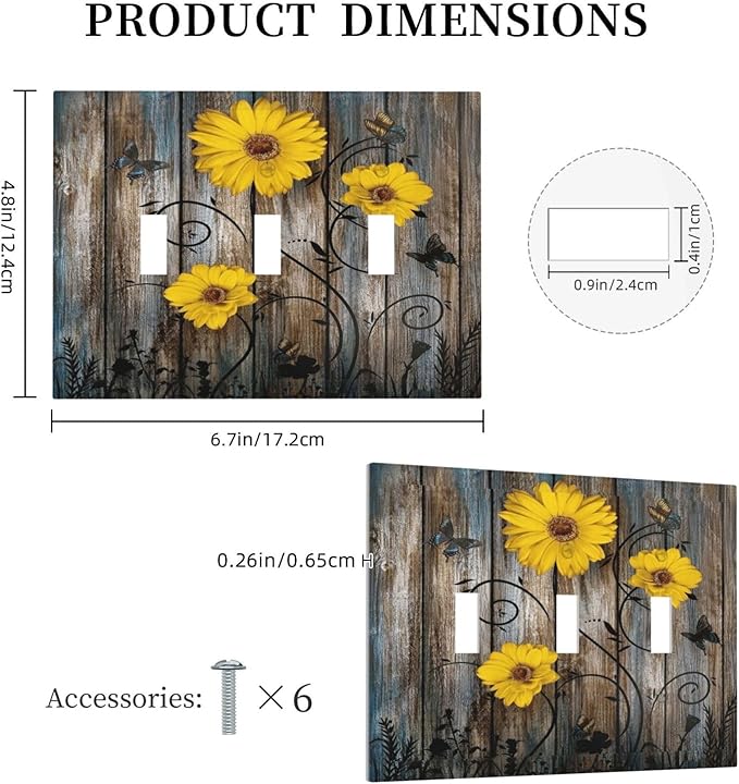 Rustic Barn Sunflower Wooden Daisy Flower Plank Decorative Switch Plates 3 Gang Wall Plate Triple Toggle Light Switch Cover Faceplate Electrical Wall Panels for Farmhouse Home Decor