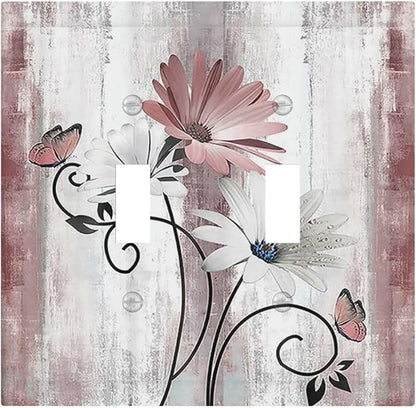 Decorative Switch Plates Pink White Daisy Butterfly Wood Grain 2 Gang Double Toggle Outlet Light Switch Cover Wall Plate Electrical Faceplate for Farmhouse Bathroom Decor