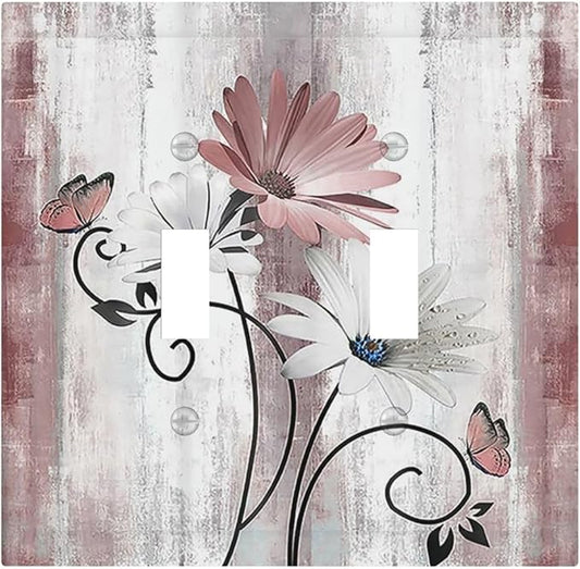 Decorative Switch Plates Pink White Daisy Butterfly Wood Grain 2 Gang Double Toggle Outlet Light Switch Cover Wall Plate Electrical Faceplate for Farmhouse Bathroom Decor