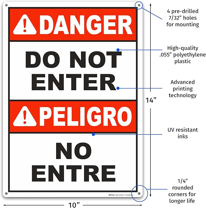 Brimar - 10" x 14" - Bilingual Danger Do Not Enter Sign - .055″ Polyethylene Plastic - Easy Installation - Versatile Application