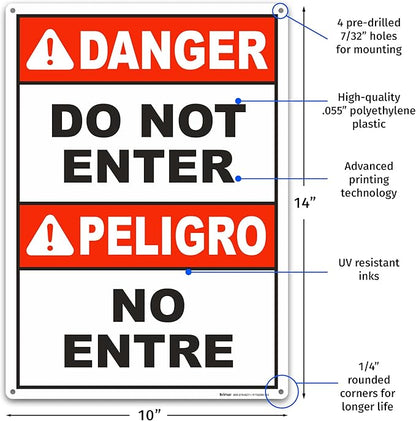 Brimar - 10" x 14" - Bilingual Danger Do Not Enter Sign - .055″ Polyethylene Plastic - Easy Installation - Versatile Application