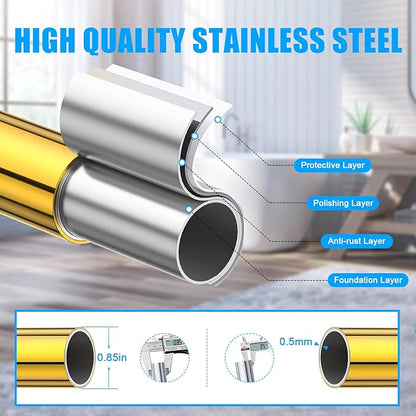 TEECK Shower Curtain Rod, 32-68 inch Adjustable Spring Tension Curtain Rod, Never Rust Anti-Slip Shower Curtain Rod for Bathroom, No Drilling, Never Collapse, Easy to Use, Gold