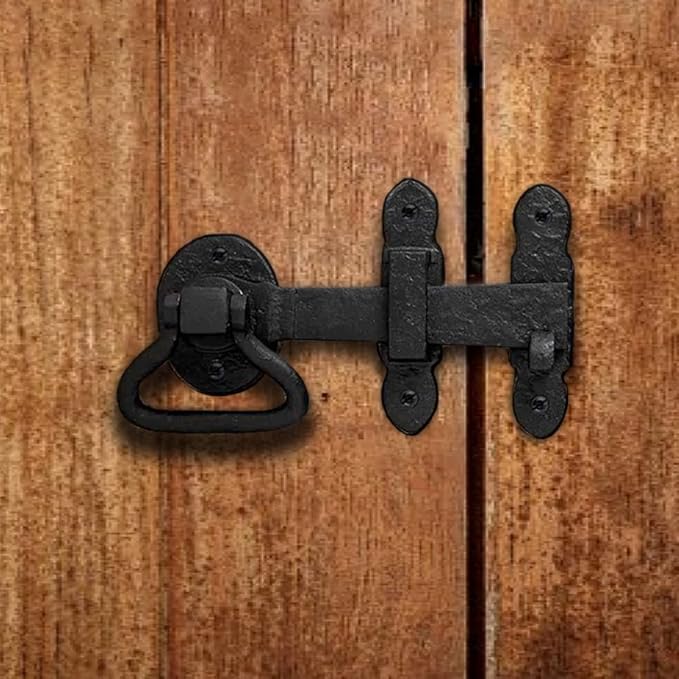 Renovators Supply Manufacturing Door Lock Latch 6.5 in. Black Wrought Iron Gate Latch Garage Barn Door Lock with Mounting Hardware