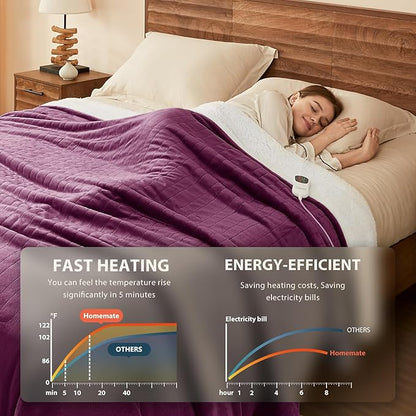 Homemate Electric Heated Blanket King - 100"x90" Heating Bed Blankets Throw with 10 Heating Levels 8 Hours Auto Off Fast Heating Over-Heated Protection Ultra Soft Warm Flannel ETL Certified Purple
